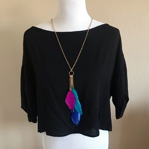 Cropped Black Shirt with Feathers